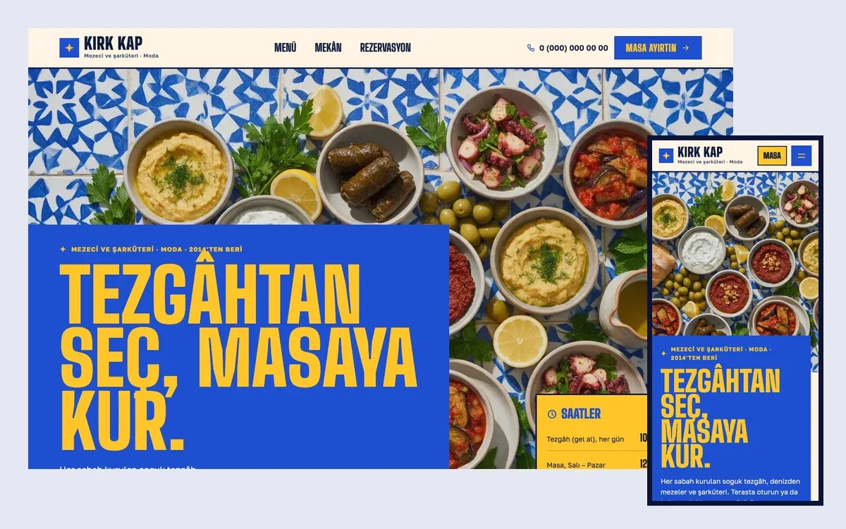 Meze teması: masaüstü ve telefon görünümü